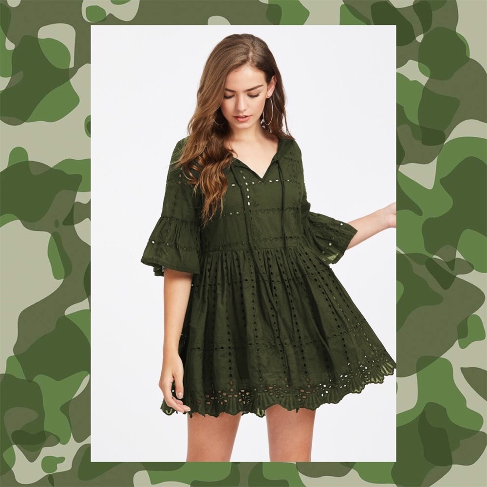 ARMY GREEN FLUTED SLEEVE EYELET EMBROIDERED DRESS